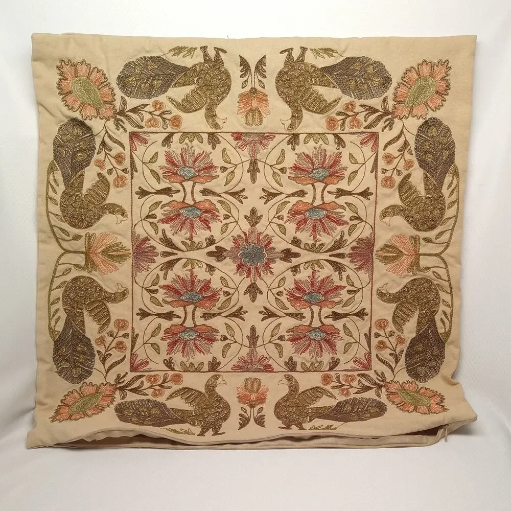 Pottery Barn Crewel Embroidered Peacock Pillow Cover Pair Linen Cotton 20x20